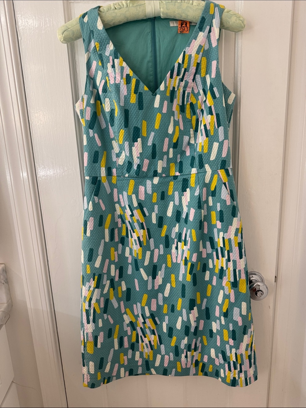 Boden Teal Patterned V‑Neck Sleeveless Dress with pockets